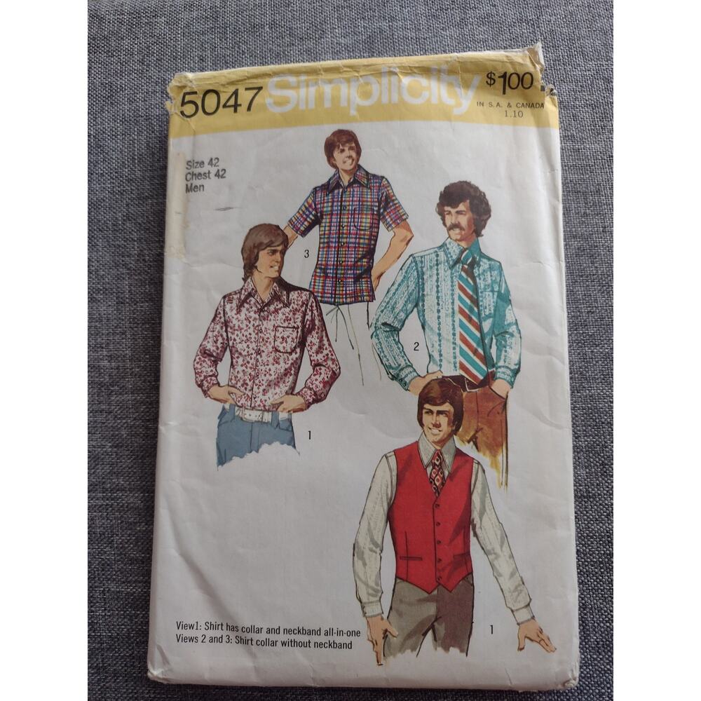 1970s Simplicity 5047 Mens Shirt Vest Pattern Adult Vintage Sewing Pattern